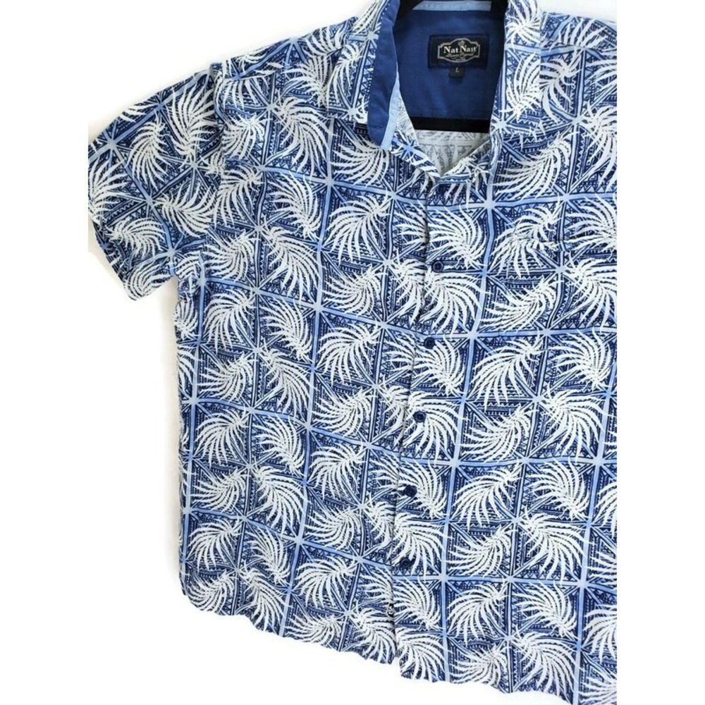 Nat Nast Mens Silk Cotton Blue White Palm Leaf Print Button Down Shirt Large